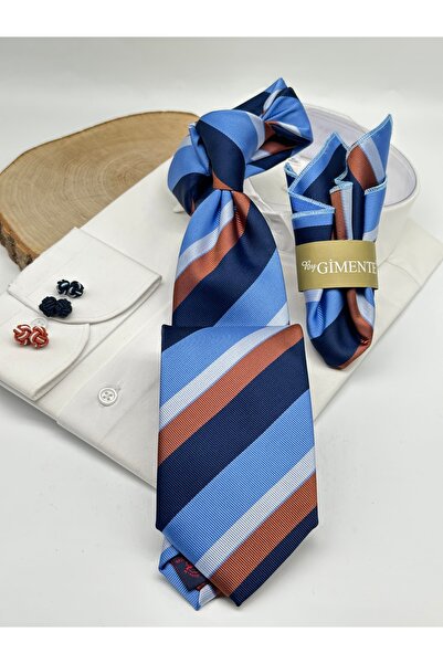 Gutiero Μπλε ναυτικό μπλε κλασική γραβάτα με ριγέ μαντήλι