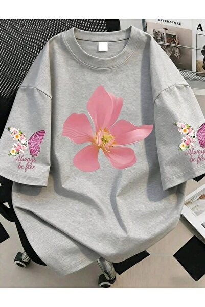 DİVİN TREND MODELI εμπριμέ υφασμάτινο μπλουζάκι oversize νέας σεζόν