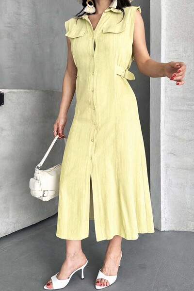 XXL BUTİK Γυναικείο κίτρινο λινό φόρεμα μίντι με λεπτομέρεια τσέπης και κουμπ...