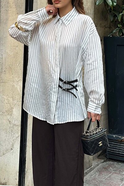 XXL BUTİK Women's Ecru Oversize Striped Shirt with Buckle Detail Esr076