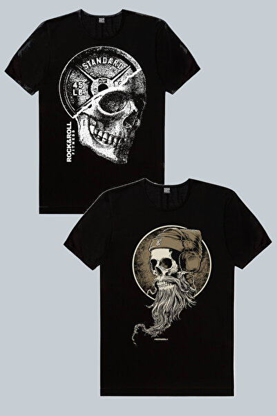 ROCKANDROLL Disk Head Black, Bearded Skull 2-pack Ανδρικό T-shirt Eco Πακέτο