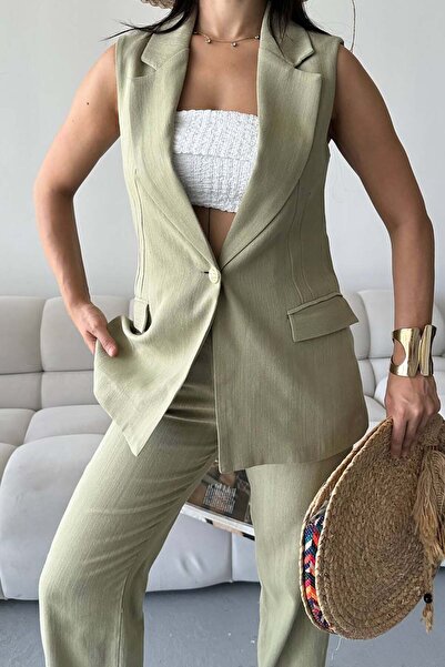 XXL BUTİK Γυναικείο Σετ Παντελόνι και Γιλέκο από Ύφασμα Λινό Χακί ESR086