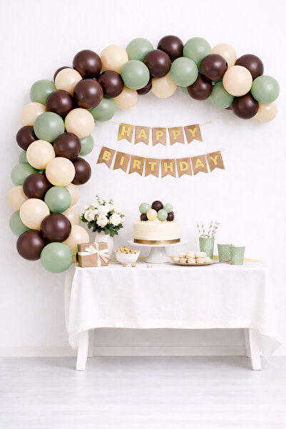 Balon Seti 30 Parça Happy Birthday Balon Zinciri Kahverengi Yeşil Krem Doğum Günü Parti Süsleme Seti