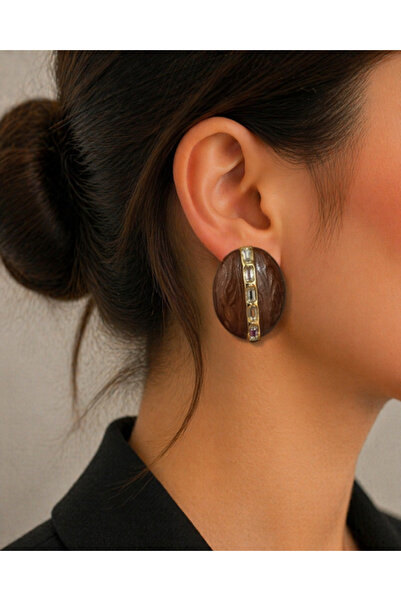 AltıntaşAksesuar Women's Earrings - Marble Look Oval Earrings with Stone Detail