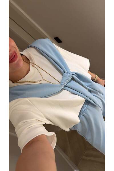 XXL BUTİK Women's Blue Oversize Modal Fabric Tracksuit with Scarf Detail Esr083