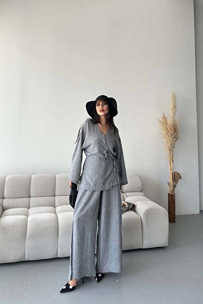 XXL BUTİK Γυναικείο σετ από λινό ύφασμα ανθρακί με δέσιμο στο πλάι ESR087