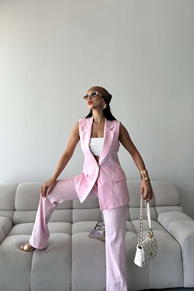 XXL BUTİK Γυναικείο Σετ Παντελόνι και Γιλέκο από Ύφασμα Λινό Πούδρα ESR086