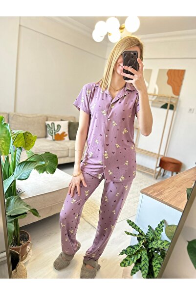 Shenoor Lingerie Milan Kumaş Kısa Kollu Teddy Deseli Pijama Takımı