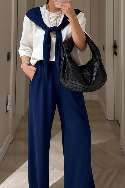 XXL BUTİK Women's Navy Blue Oversize Modal Fabric Tracksuit with Scarf Detail...