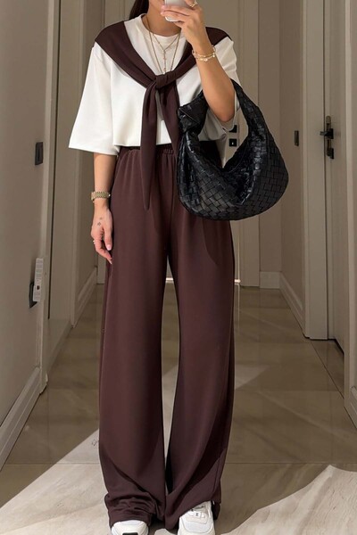 XXL BUTİK Women's Brown Oversize Modal Fabric Tracksuit with Scarf Detail Esr083