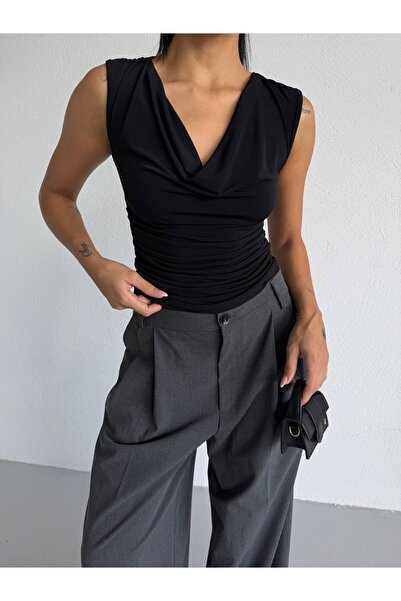 ALİKA Γυναικεία αμάνικη κομψή μπλούζα με ντραπέ γιακά