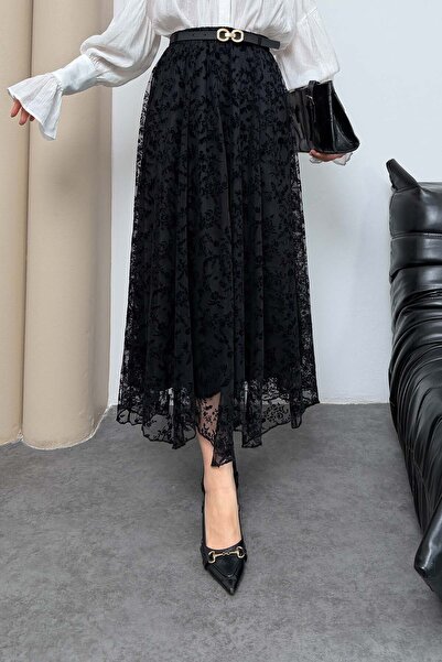 XXL BUTİK Γυναικεία μαύρη μακριά φούστα από τούλι με λεπτομέρειες και ζώνη ES...