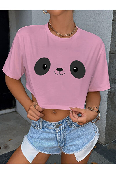 SUNFREE Γυναικείο Crop T-shirt με στάμπα PANDA EYE, φαρδύ κοντό μανίκι και λα...