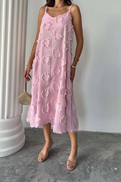 XXL BUTİK Γυναικείο φόρεμα μίντι από λινό ύφασμα σε σκόνη με τιράντες, άνετη ...