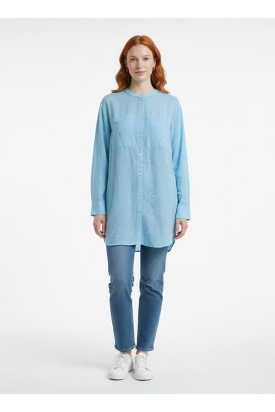 Neden Tekstil Women's Long Sleeve Comfortable Fit Oversize Blue Shirt