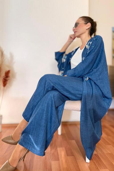 Cardella Σετ παντελονιού κιμονό με απλικέ λουλούδια από τούλι Este, άνετη εφα...