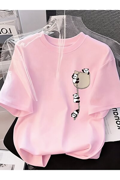 GALASHOP Yeni Moda Kadın Yuvarlak Yaka Panda Baskılı Kısa Kollu Yazlık Günlük...