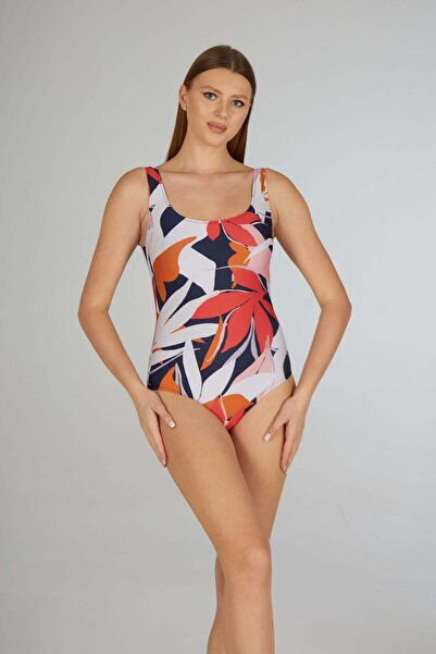 Estiva Μαγιό με σχέδιο φύλλων και λαιμόκοψη U σε μεγάλο μέγεθος - Πορτοκαλί