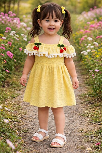 Kuzucuk Kids Bebek Çocuk Butik Kız Çocuk Kiraz Detaylı Sarı Askılı Yazlık Elb...