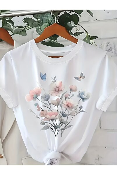 GALASHOP Kadın Çiçek Desenli Tişört | İlkbahar ve Yaz için Günlük Bisiklet Yaka