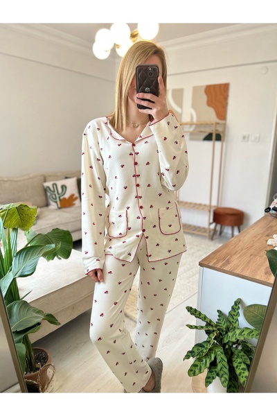 Shenoor Lingerie Waffle Kumaş Kiraz Desenli Cepli Pijama Takımı