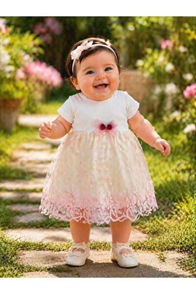 Kuzucuk Kids Bebek Çocuk Butik Kız Bebek Tül Detaylı Çiçek İşlemeli Prenses E...