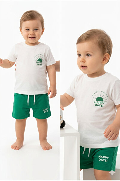 Baby Erkek Bebek & Çocuk Alt Üst Takım Beyaz Baskılı Tshirt Yeşil Şort