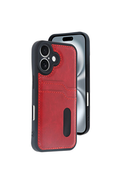 NewFace iPhone 16 Case Sara Leather Case with Business Card - Red