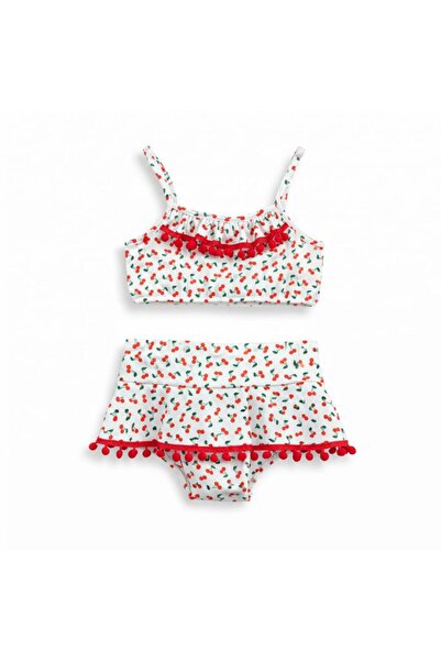 NUR BEBE Kiraz Desenli Baskılı Kız Çocuk Bikini Takım