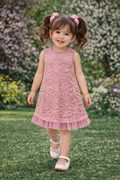 Kuzucuk Kids Bebek Çocuk Butik Kız çocuk Gül Kurusu Pembe Dantel Elbise -Tüll...