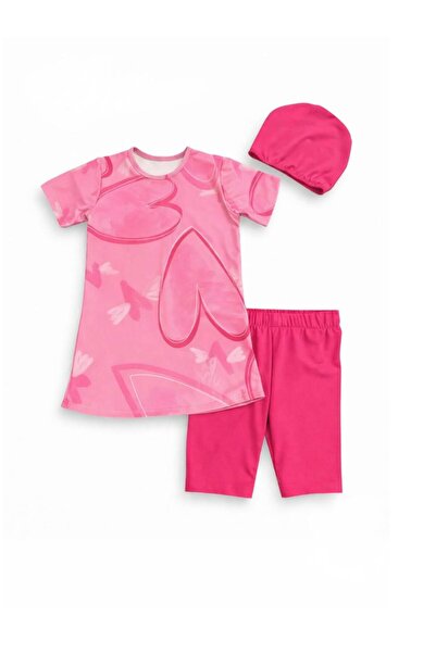 NUR BEBE Kalp Desenli Boneli Kız Çocuk Üçlü Mayo Set