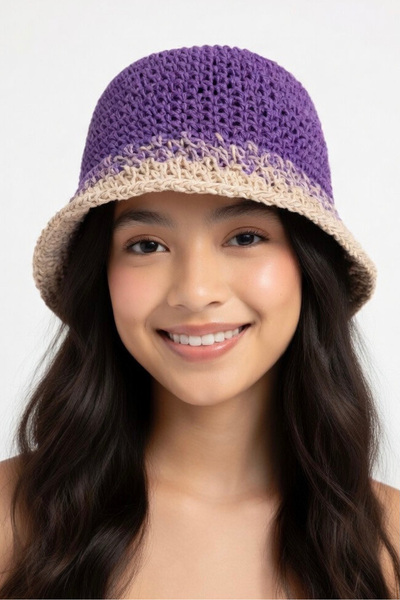 Mollycrush Women's Purple Transitional Straw Knitted Bucket Bag |   Summer Beach and Vacation Hat