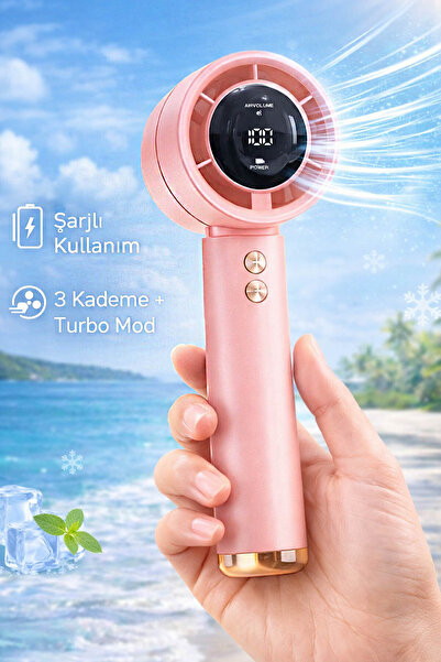 zozoya Dijital Ekranlı Pembe Taşınılabilir Şarjlı Mini El Fanı Turbo Üfleme T...
