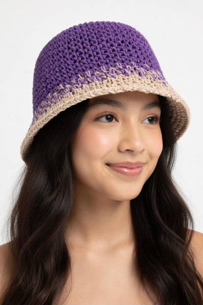 Mollycrush Women's Purple Transitional Straw Knitted Bucket Bag |   Summer Beach and Vacation Hat