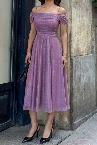 XXL BUTİK Γυναικείο Λιλά Ασημί Φόρεμα Κάρμεν με Γιακά και Λουράκια, Μίντι Μήκ...