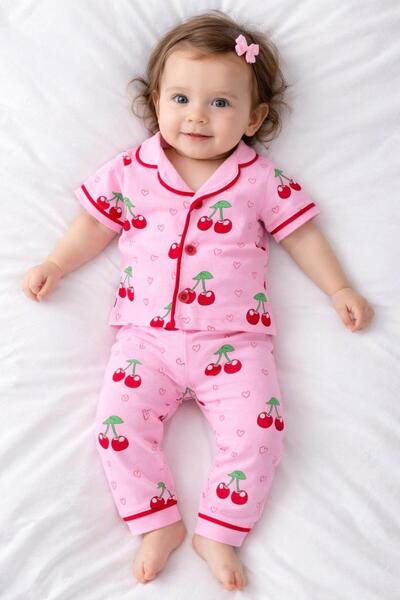 %100 Pamuk Kısa Kollu Düğmeli Yazlık Kiraz Desenli Erkek Kız Unisex Bebek Çocuk Pijama Takımı