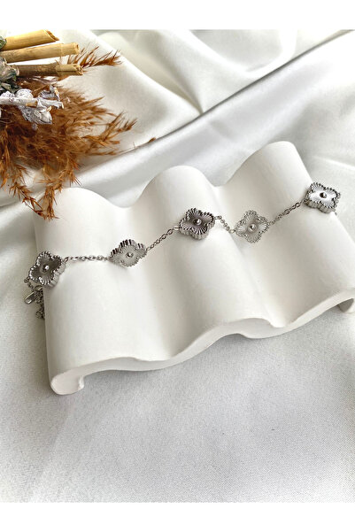 stainless steell Gümüş Clover Silver Çerçeve Yonca Model Çelik Bileklik