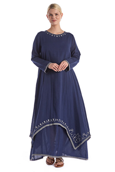 Newbutix Long Sleeve Navy Blue Şile Fabric Oval Collar Embroidered Summer Dress