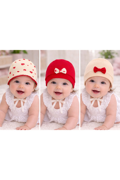miniboncuk 🎀 Fiyonk Detaylı 3’lü Kız Bebek Bere Seti 🎀 kırmız serisi