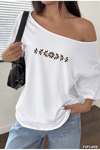 FUFLUNS Γυναικείο μπλουζάκι με στάμπα μαργαρίτες, oversized, με λαιμόκοψη bateau