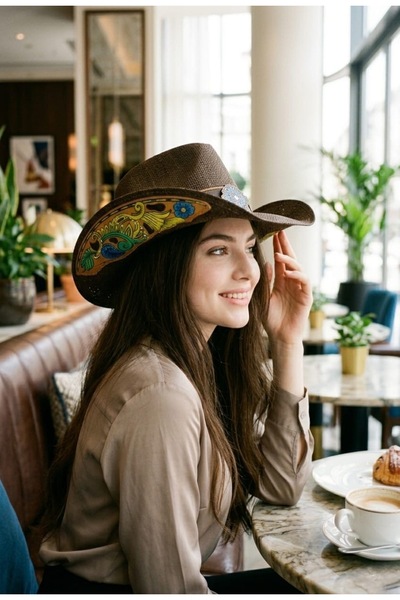 LAGRANZE Ψάθινο καπέλο Western COWBOY με δερμάτινο λουράκι & μοτίβο στην εσωτ...