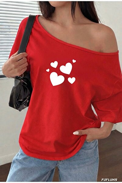 FUFLUNS ΓΥΝΑΙΚΕΙΟ T-SHIRT ΥΠΕΡΜΕΓΕΘΕΣ ΜΕ ΣΤΑΜΠΑ ΚΑΡΔΙΕΣ ΚΑΙ ΛΟΥΡΑΚΙ ΣΤΟ ΛΑΒΑΡΙΔΙ