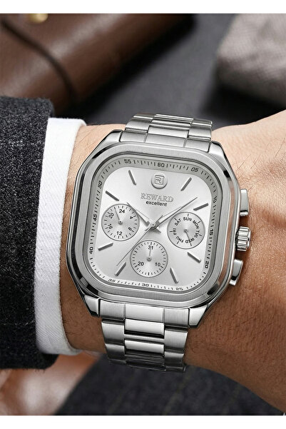 Reward Men's Silver Dial Metal Cord Square Case Multifunction Wristwatch 2 Ye...