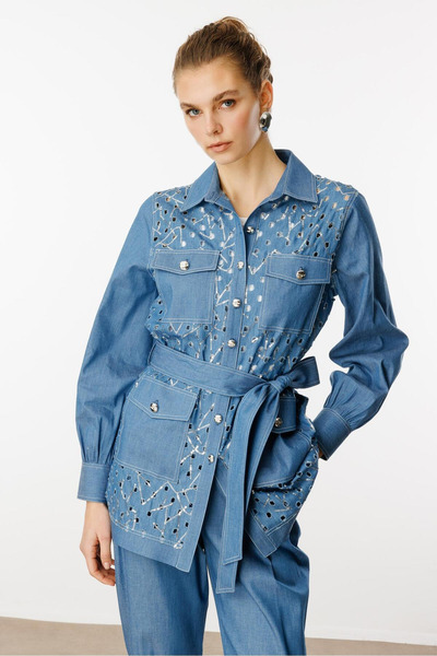 Moda İlgi Синя туника с колан, стилен дизайн, десенирана, с джобен детайл