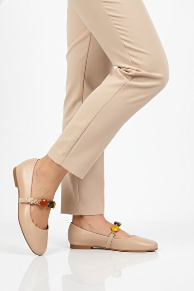 Aspor Beige Belted Stoned Women's Ballerinas