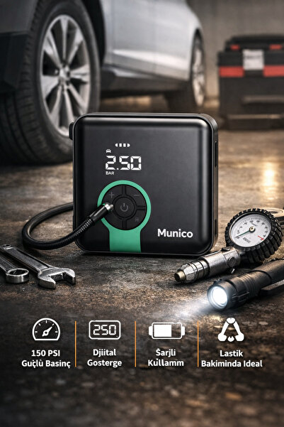 Munico Powerbank Özellikli Taşınabilir Hava Pompası 4000mAh Şarjlı Oto, Motos...