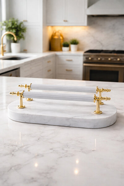 lufen deco Marble Patterned Gold White Detailed Napkin Holder Kitchen Accesso...
