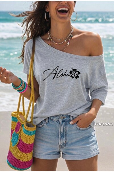 FUFLUNS Γυναικείο μπλουζάκι με λαιμόκοψη καγιάκ, με στάμπα λουλουδιών ALOHA, ...