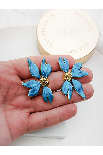 KYOLA DESİGN Aqua Mavi Büyük Çiçek Gold Küpe (6cm)