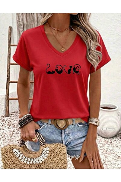 FUFLUNS Γυναικείο μπλουζάκι oversize με λαιμόκοψη V και σχέδιο Γάτα με Καρδιά
